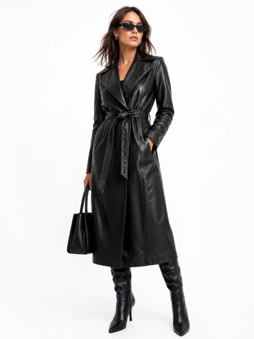 Vintage Black Leather Trench Coat Belted Longline Classic  Jacket Medium